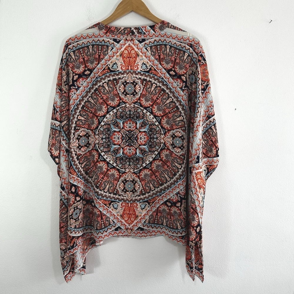 Rose & Olive Poncho Top Womens 1X/2X Bohemian Orange Mandala Floral Festival - Picture 3 of 8